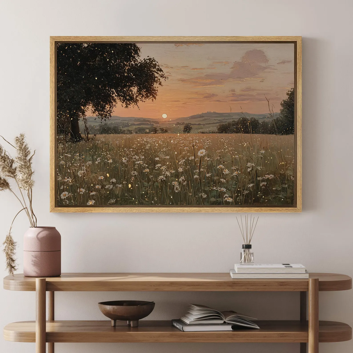 Large Framed Canvas Vintage Wildflower Wall Art, Abstract Botanical Field Landscape Print, Rustic Pastoral Nature Living Room Decor