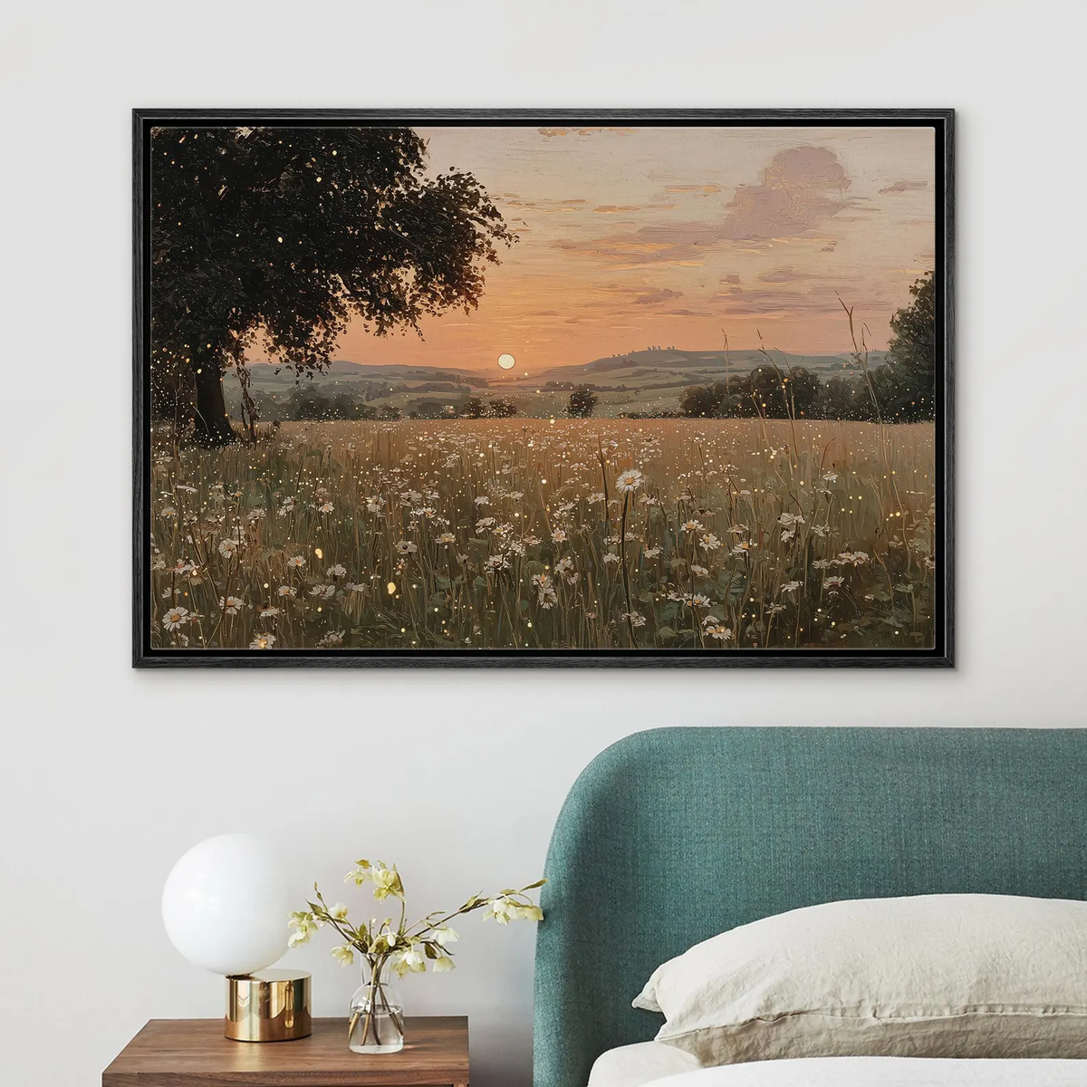 Large Framed Canvas Vintage Wildflower Wall Art, Abstract Botanical Field Landscape Print, Rustic Pastoral Nature Living Room Decor